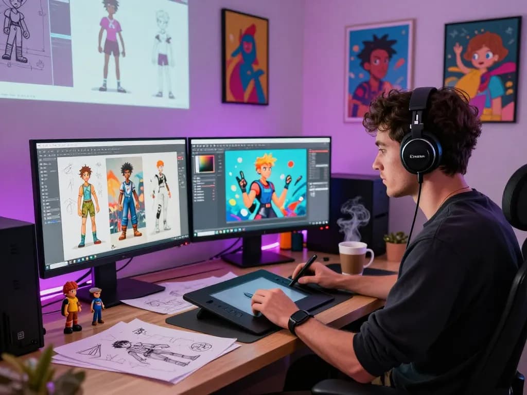 Creative professional developing nsfw ai characters in a vibrant digital art studio.