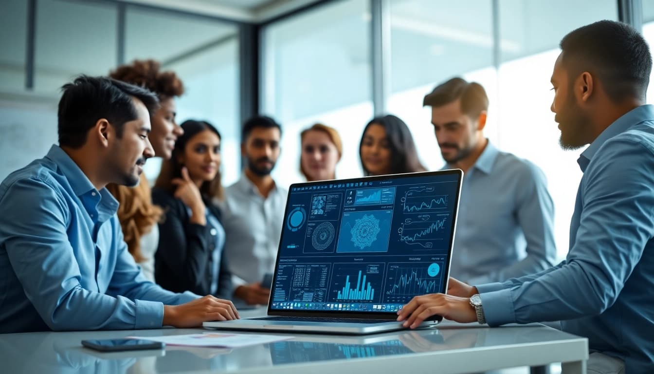 Engaging collaboration at an AI integration service provider office showcasing teamwork and technology.