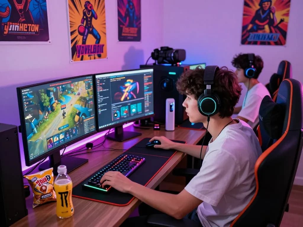 Engaged gamer using ythtoto platform in a vibrant gaming setup with dual monitors.