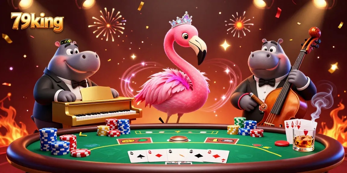 Win big at 79king with vibrant casino atmosphere featuring lively characters and dynamic poker elements.