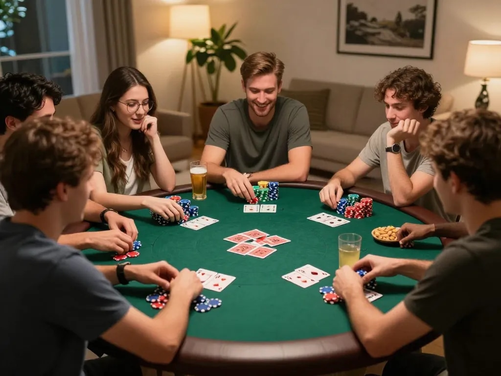 Friends enjoying a lively poker game at home, showcasing Sunwin strategy in a cozy atmosphere