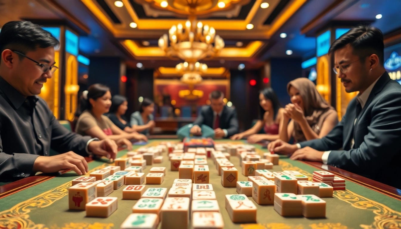 Mahongtoto menampilkan suasana kasino yang hidup dengan permainan mahjong dan pemain yang bersemangat.