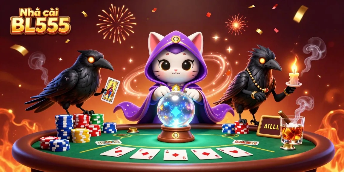Engage in thrilling bets at Nhà cái BL555 with colorful poker chips and a mystical atmosphere.