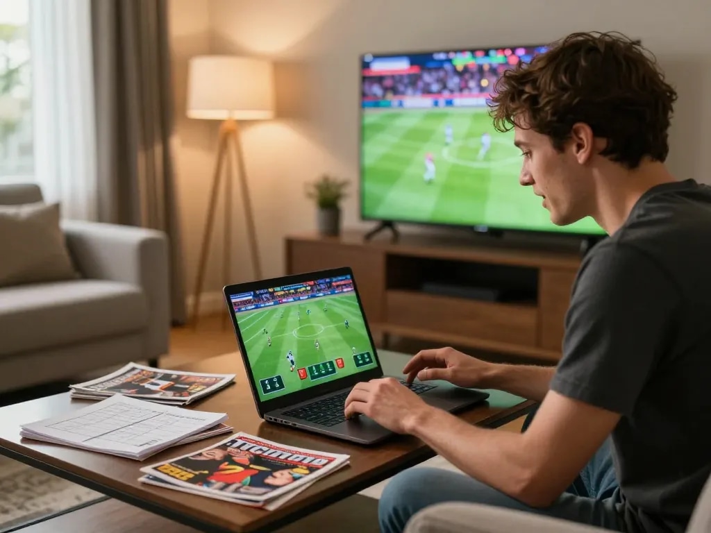 hm88 player engaged in live sports betting at home with laptop and notes