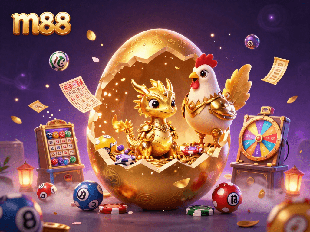 m88 ค้นพบการเล่นเกมคาสิโนสดในภาพที่มีมังกรทองคำและไข่ทองคำขนาดใหญ่อยู่ในฉากที่มีสีสัน