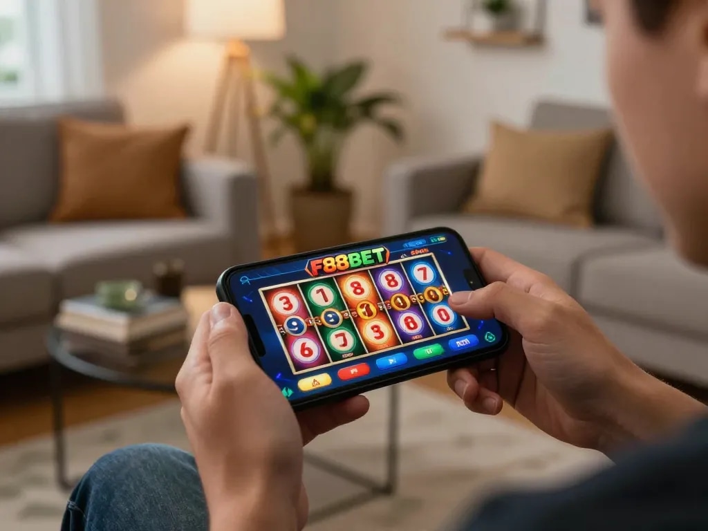 Engaging in mobile gaming on F88BET app with excitement in a cozy home setting