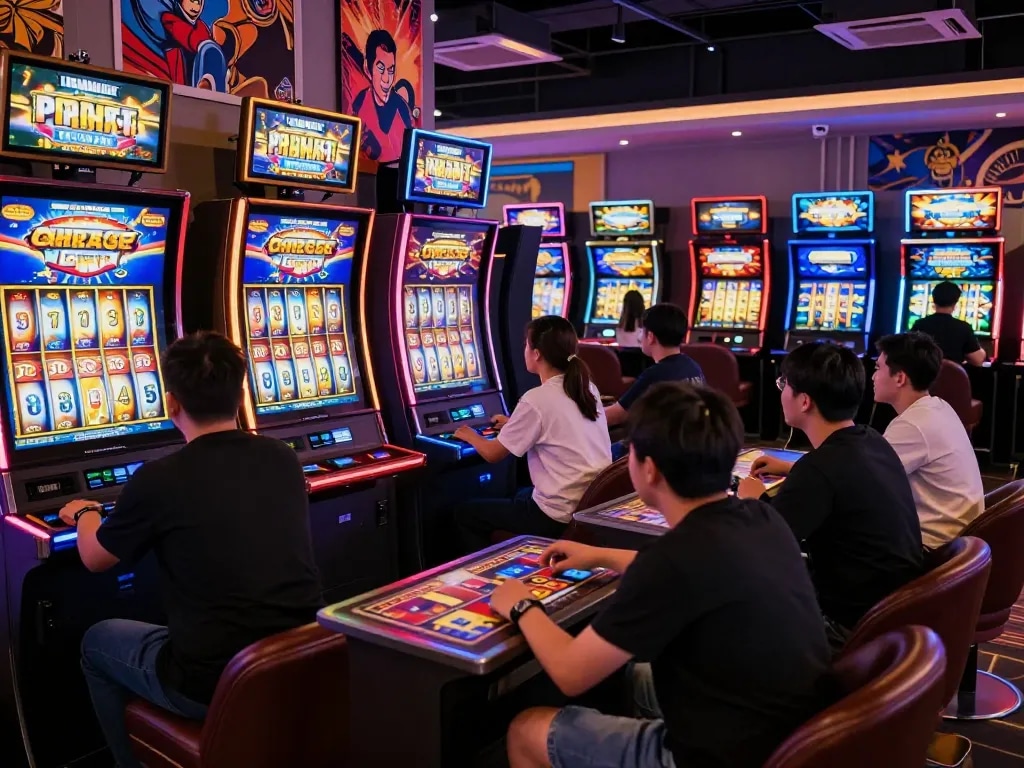 Kerajaanslot gaming environment with players enjoying colorful slot machines and lively action.
