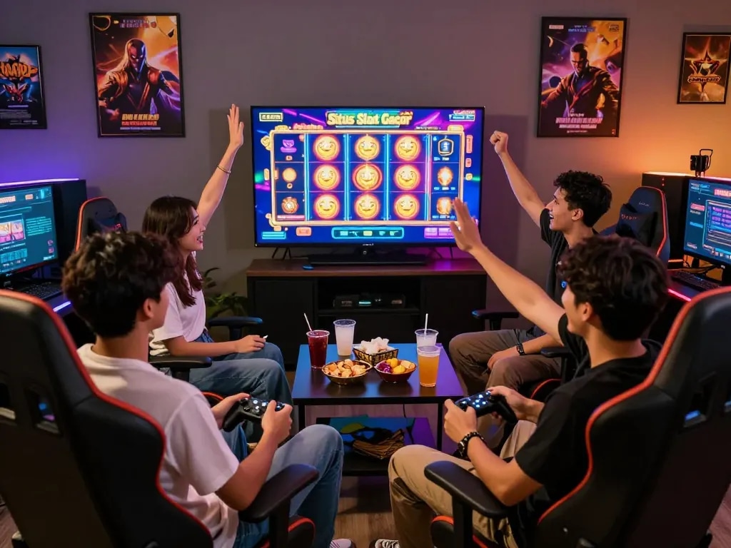 Sekelompok teman menikmati pengalaman bermain Situs Slot Gacor dengan visual yang hidup.