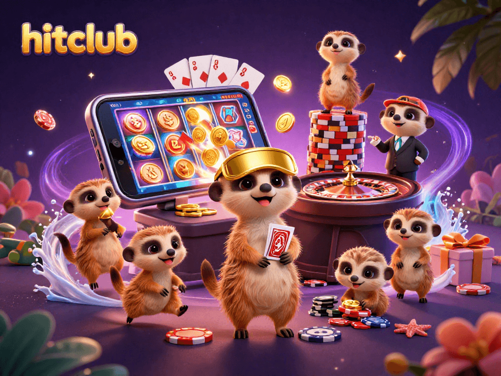 Engaging meerkats managing the hitclub casino with colorful games and vibrant elements.