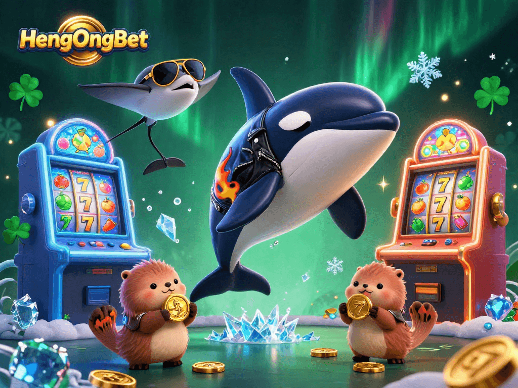 Engage with HengOngBet's vibrant casino illustration featuring an orca, stingray, and otters with golden coins.