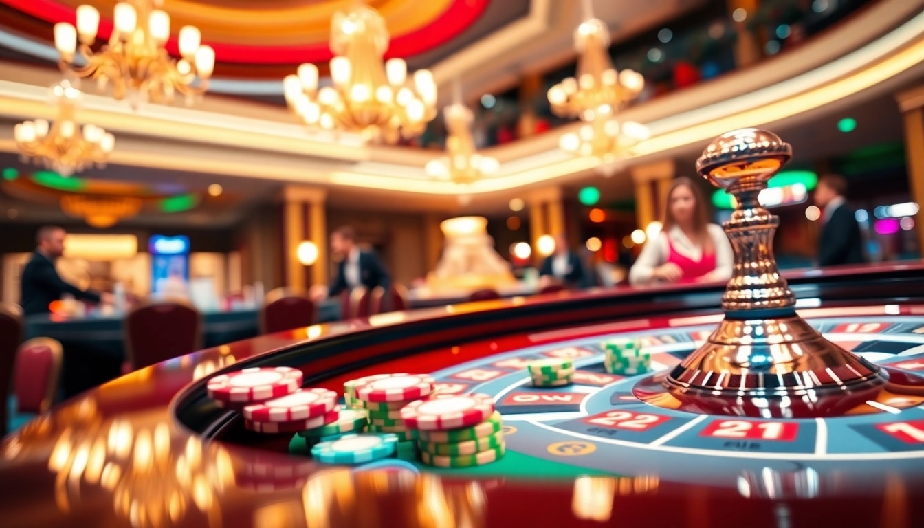 Permainan kasino bbni4d dengan meja roulette yang penuh warna dan suasana mewah.