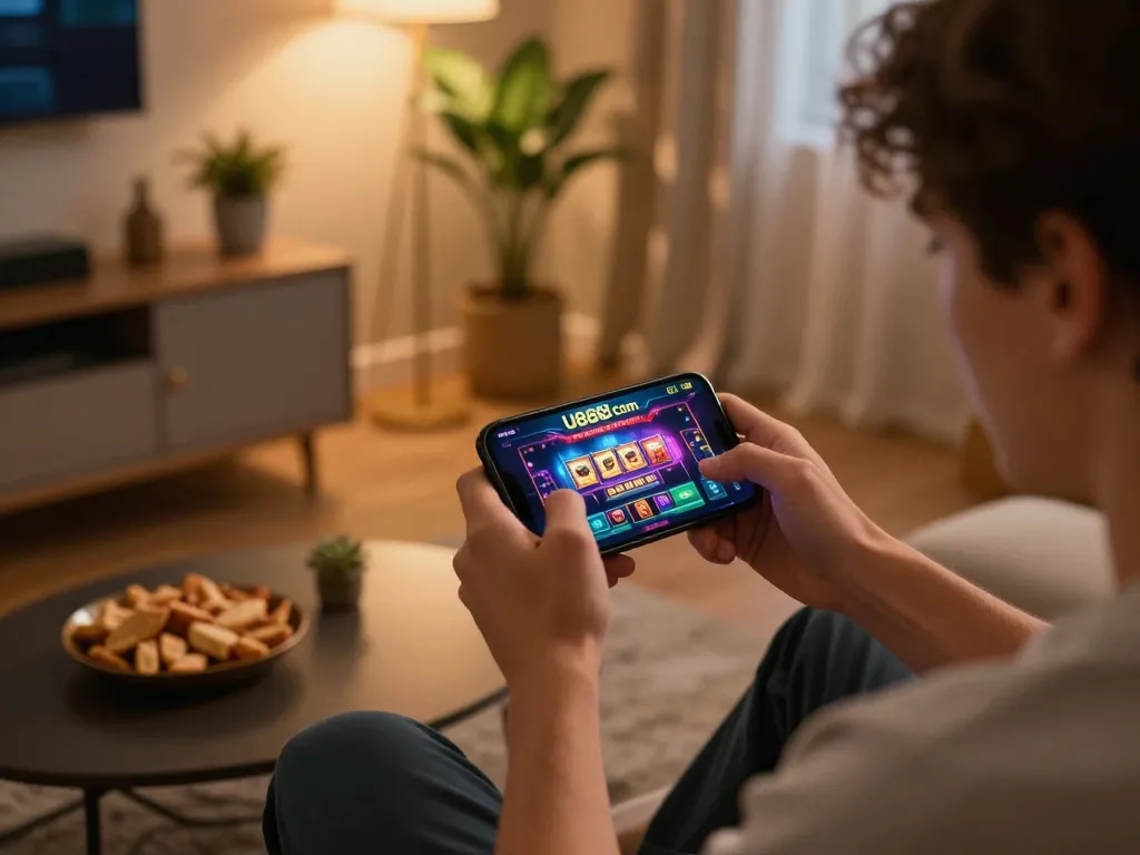 Engaging with mobile gambling on U888 com smartphone app in a cozy living room.