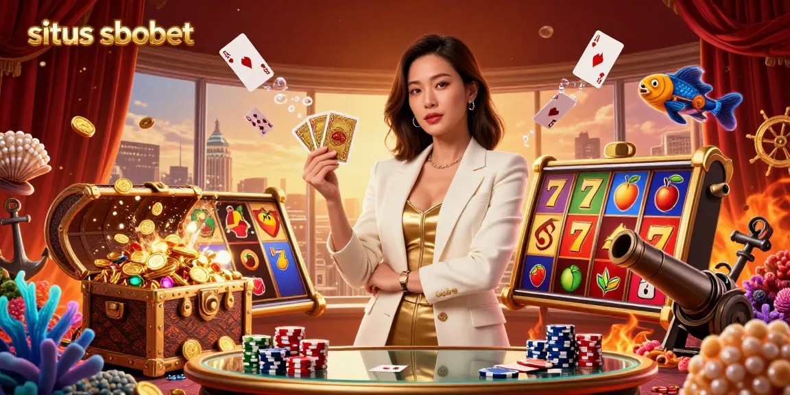 Situs sbobet showcases an elegant Asian woman holding cards amidst vibrant gaming elements, symbolizing excitement in gambling.
