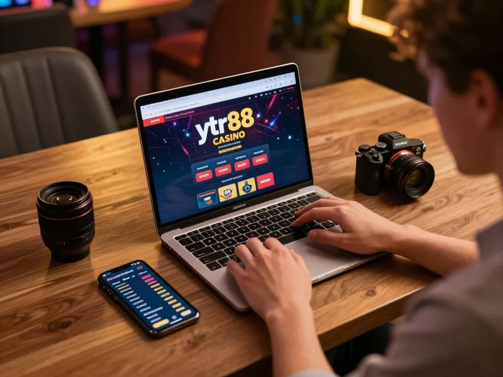 Player engaging with ytr88 casino platform on laptop, capturing a relaxed online gaming atmosphere.