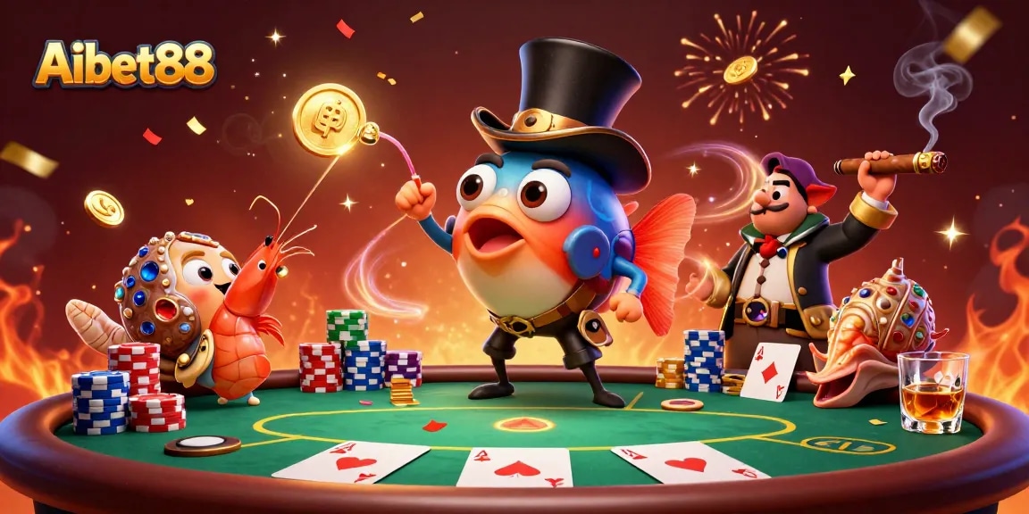 Aibet88 showcases a vibrant casino scene with an anglerfish and pirate shrimp, celebrating wins with golden coins.