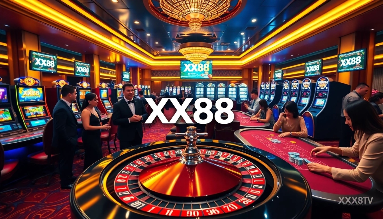 Experience the excitement of gambling at XX88 TV’s luxurious casino, featuring tables and vibrant slots.