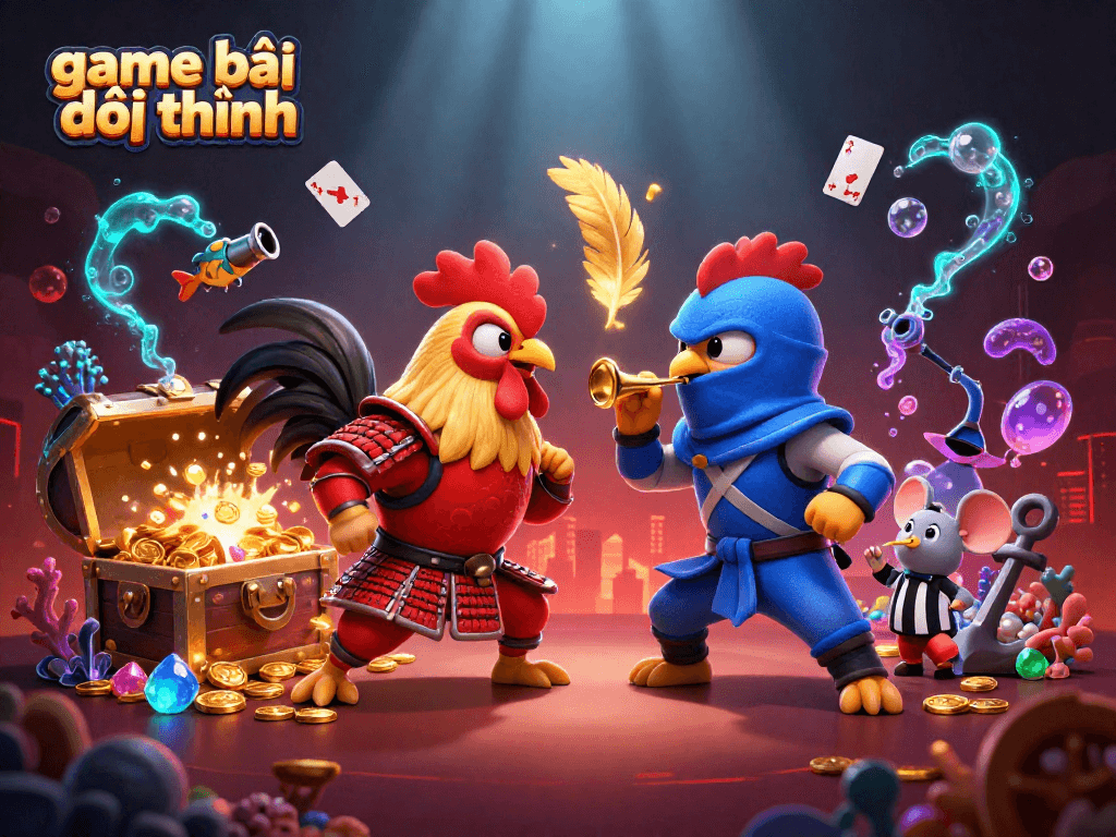 Engage in game bài đổi thưởng with a dramatic showdown between roosters in a colorful illustration filled with casino elements.
