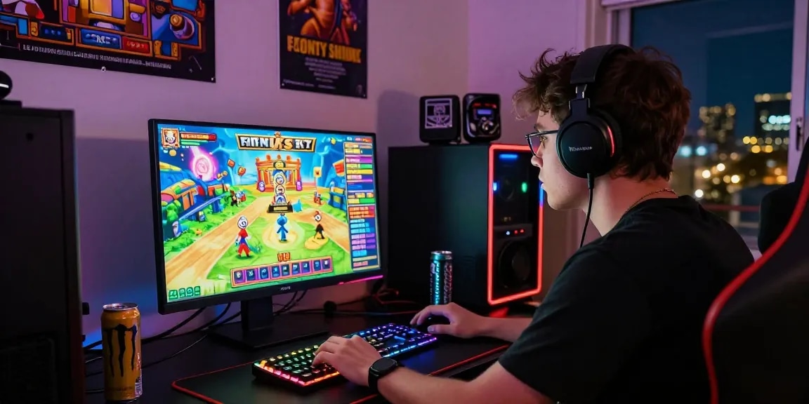 Intense player engaged in buy feature slots at a glowing gaming setup with vibrant graphics.