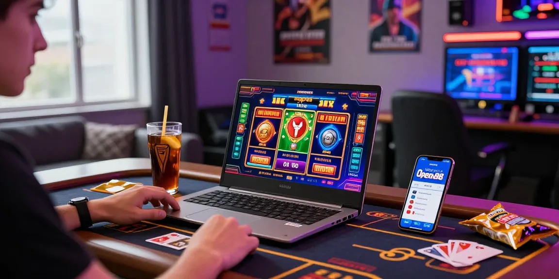 Player enjoying OPEN 88 online gaming on a laptop with vibrant graphics, smartphone showing app, modern gaming room atmosphere.