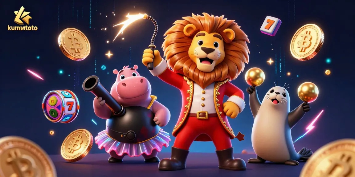 Kumontoto offers exhilarating gameplay with a 3D illustration featuring fun casino elements and characters enjoying the slots