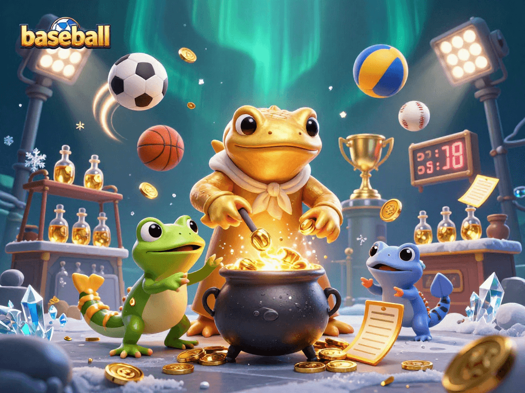 Experience the excitement of baseball betting with a dynamic scene filled with sports elements and gold coins.