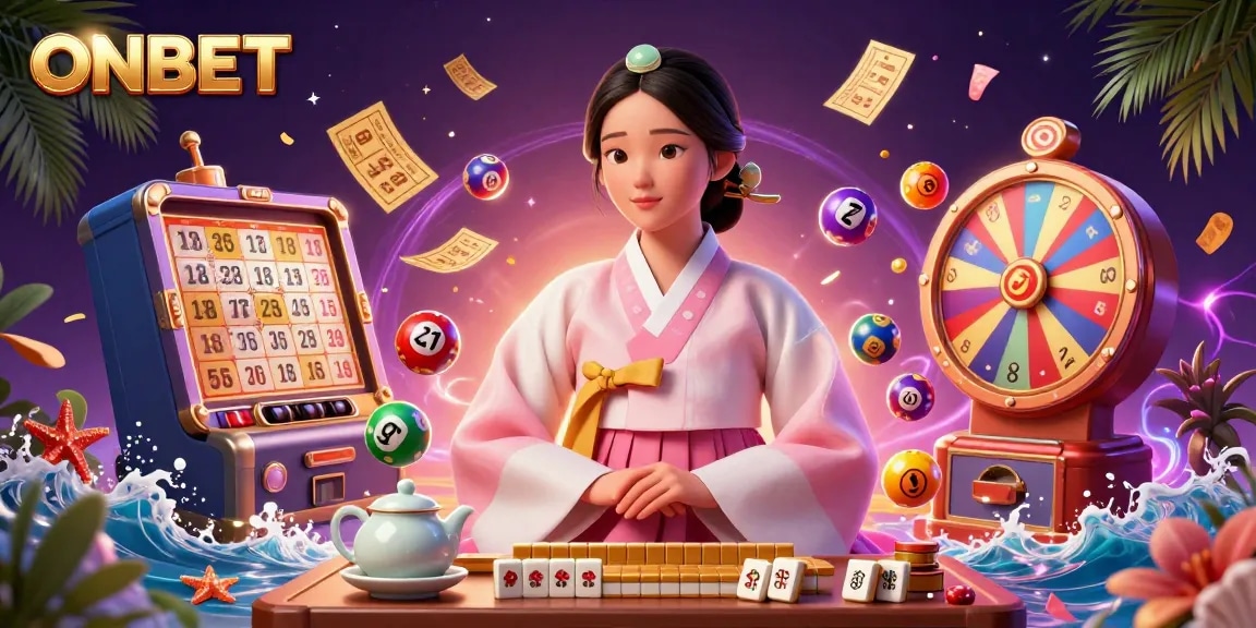 Engage with ONBET's exciting casino scene featuring vibrant lottery elements and a serene Asian woman.