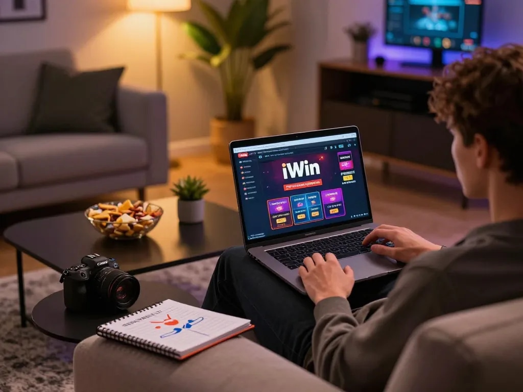 Experience the thrills of online gambling with iWin in a stylish home setup.