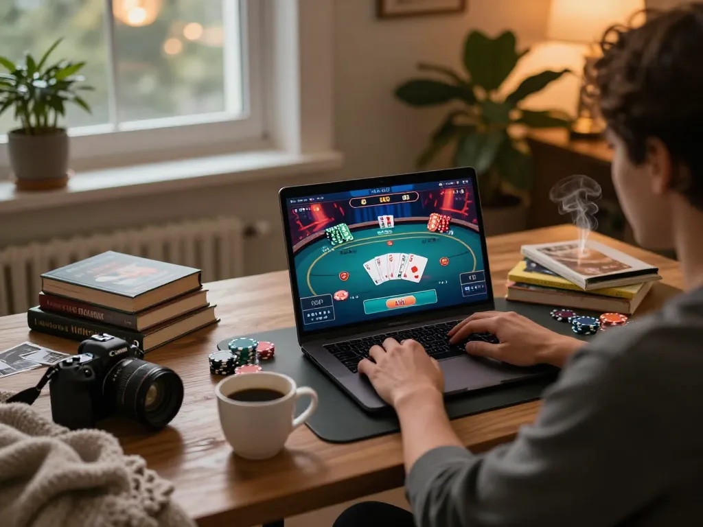 Kèo nhà cái hôm nay showcased on a vibrant laptop screen as user engages in online poker gameplay, highlighting strategic betting.