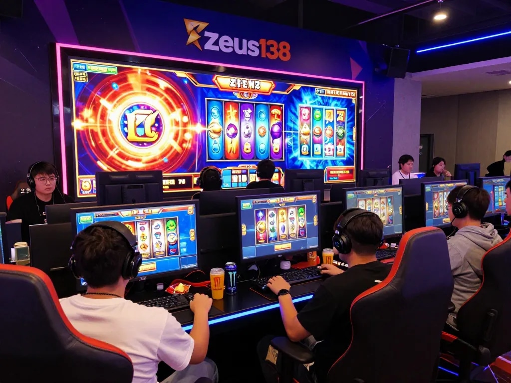 Exciting Zeus138 online slot gaming scene with diverse players engaged in thrilling gameplay.