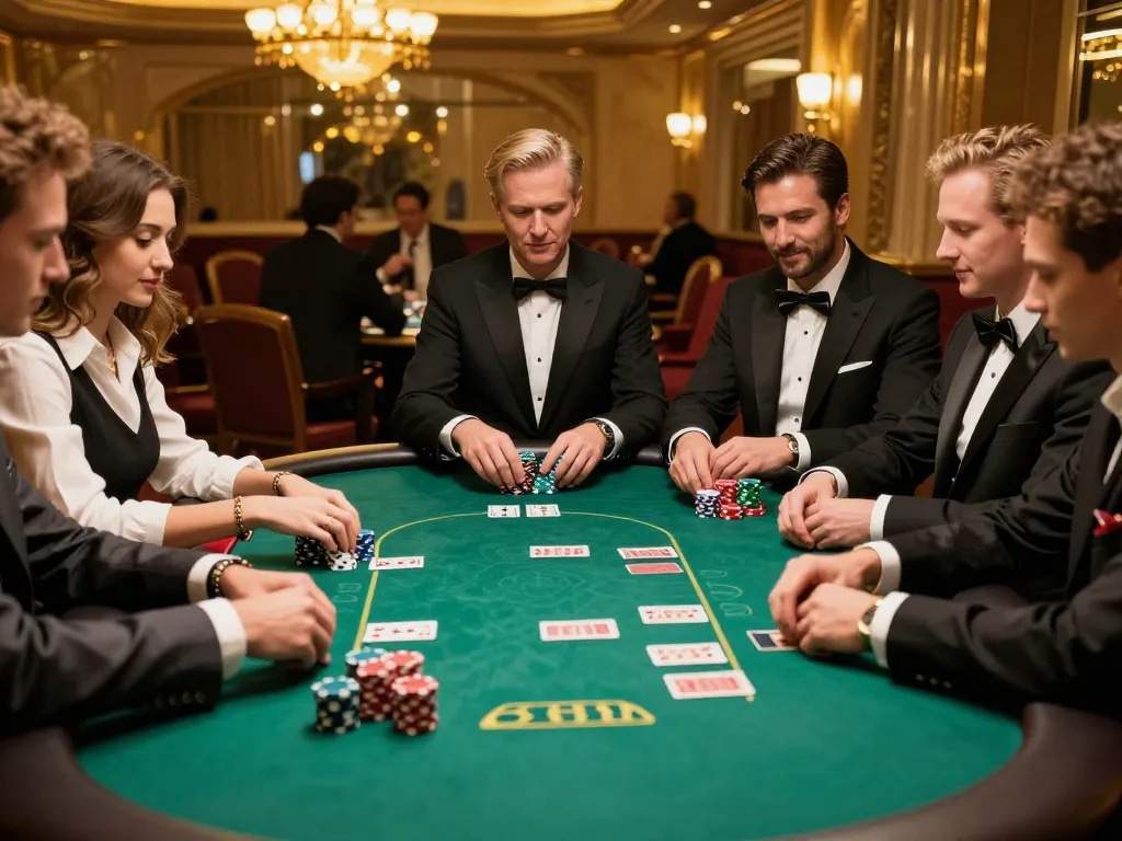 Players strategizing at a poker table in a luxurious casino setting, showcasing sc88 gaming thrill.