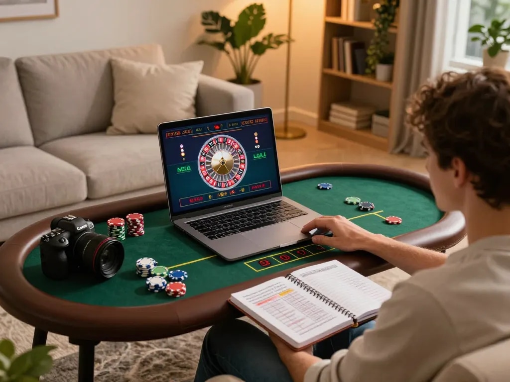 UGDEWA roulette gameplay on a laptop in a cozy home setting near strategic notes and chips