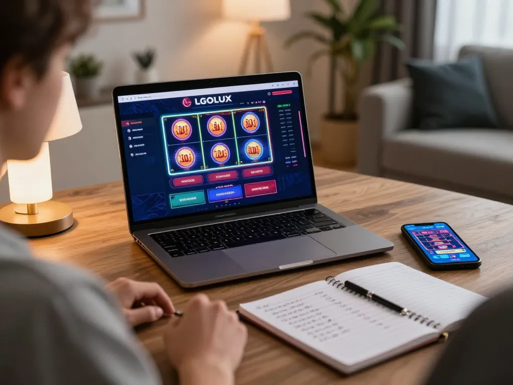 Engaged player showcasing an LGOLUX gaming interface on laptop while preparing betting strategies in a cozy home environment