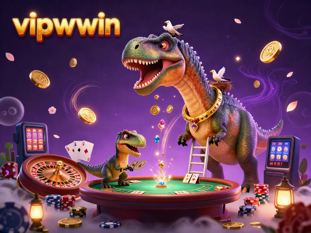 Engage in vibrant gambling activities at vipwwin with a playful brontosaurus and raptor in a casino setting.