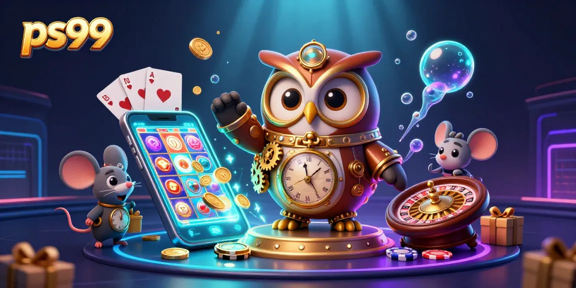 Engage with ps99 immersive gaming experience featuring a time-traveler owl and vibrant casino elements.