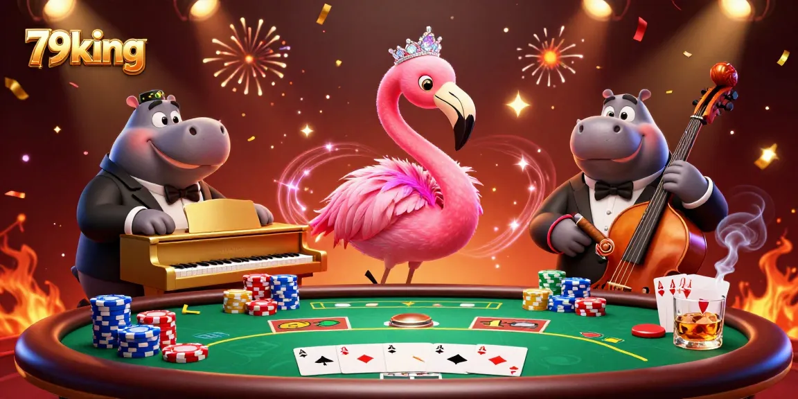 Win big at 79king with vibrant casino atmosphere featuring lively characters and dynamic poker elements.
