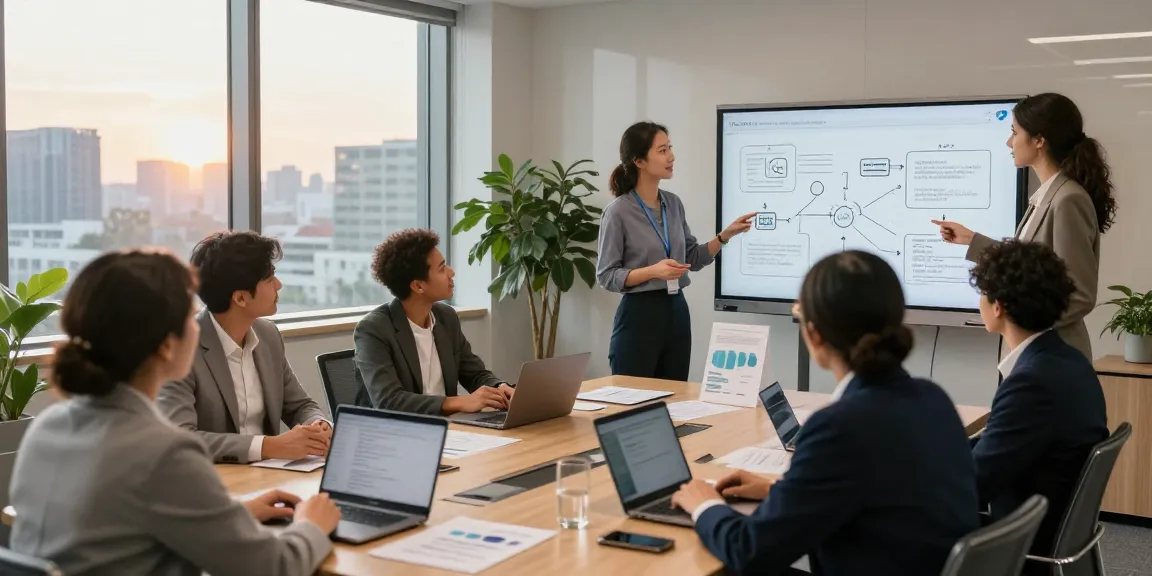 Kolaborasi bisnis di ruang kantor modern dengan balak66, profesional berdiskusi dan berbagi ide.
