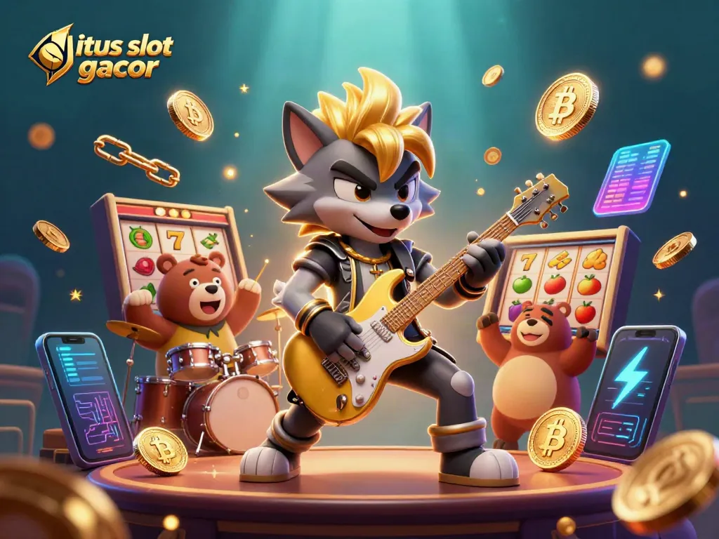Experience fun with situs slot gacor in a vibrant casino scene with rock-star wolf and drummer bear.