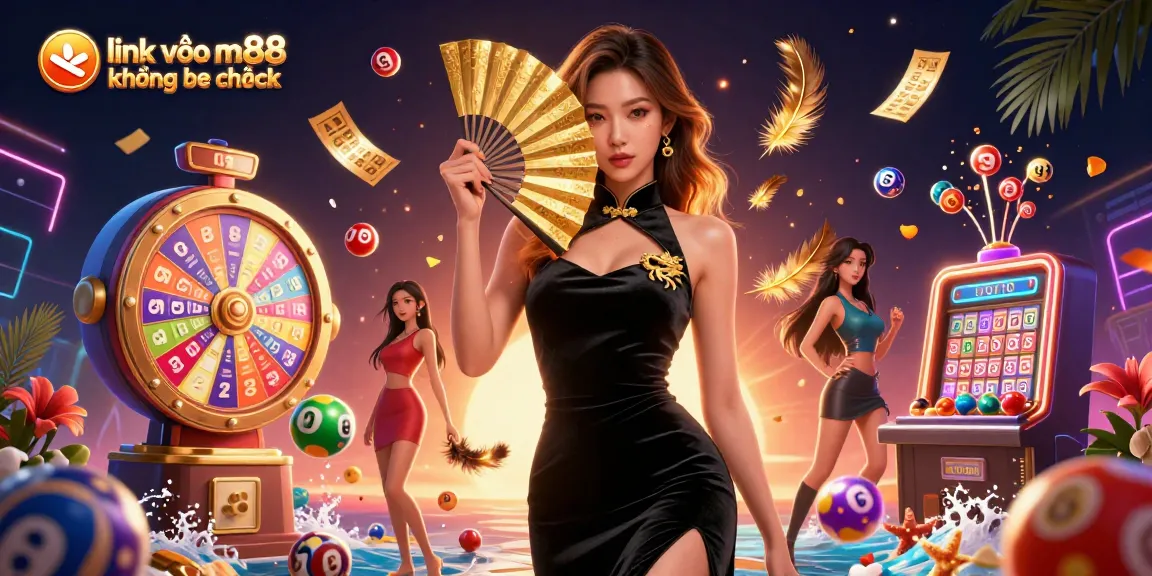 Trải nghiệm truy cập mượt mà với link vào m88 không bị chặn, với hình ảnh một người phụ nữ châu Á quyến rũ và các yếu tố xổ số đầy màu sắc.