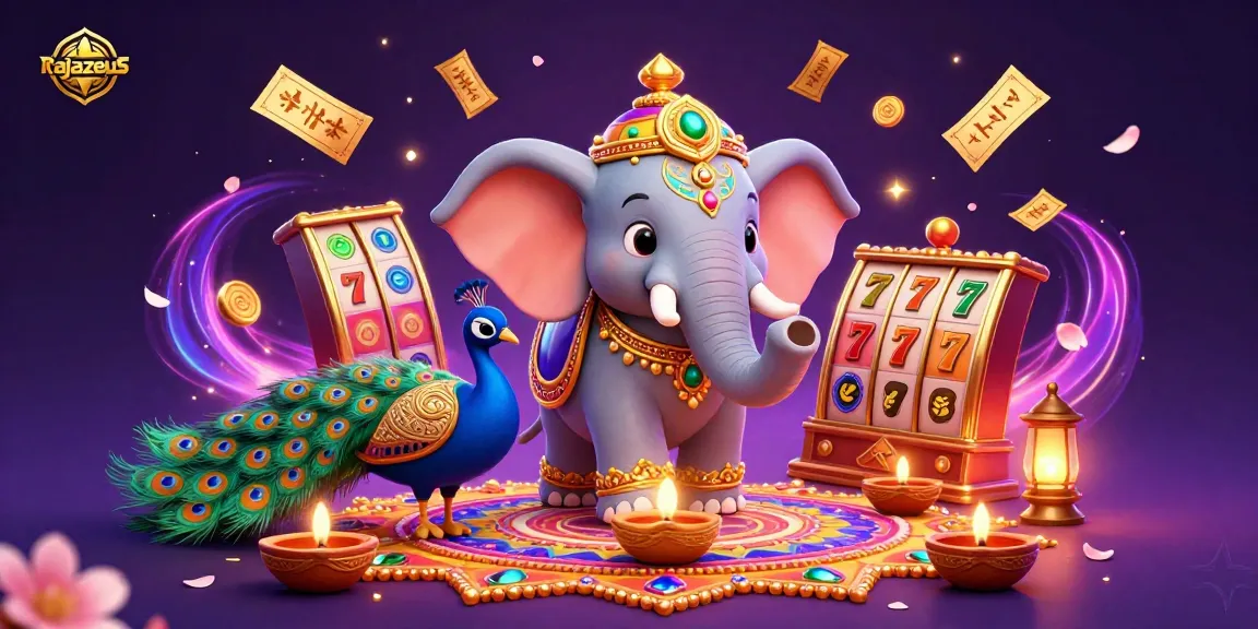 Aksi menarik di rajazeus dengan gajah bertema Diwali yang dikelilingi elemen permainan slot, serta suasana makmur yang kaya