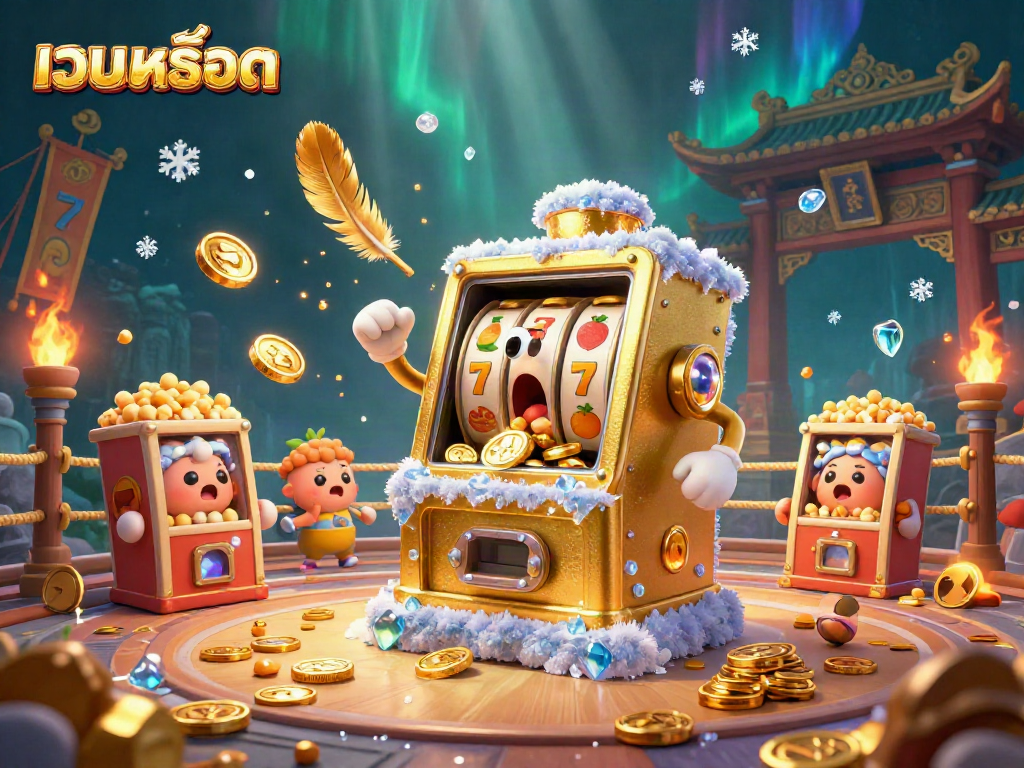 Win big with เว็บสล็อต as a golden slot machine celebrates its jackpot in a vibrant casino scene.