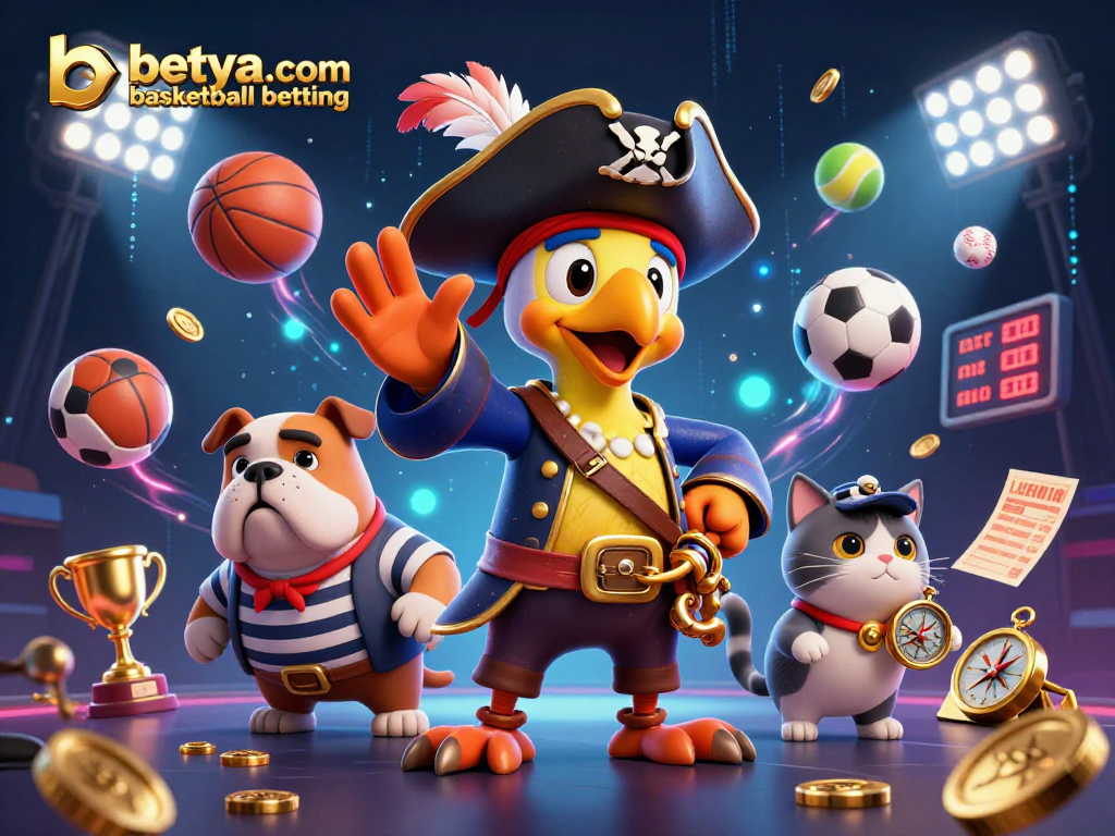 Experience thrilling action with betya.com basketball betting showcasing a vibrant scene of sports elements and whimsical characters.