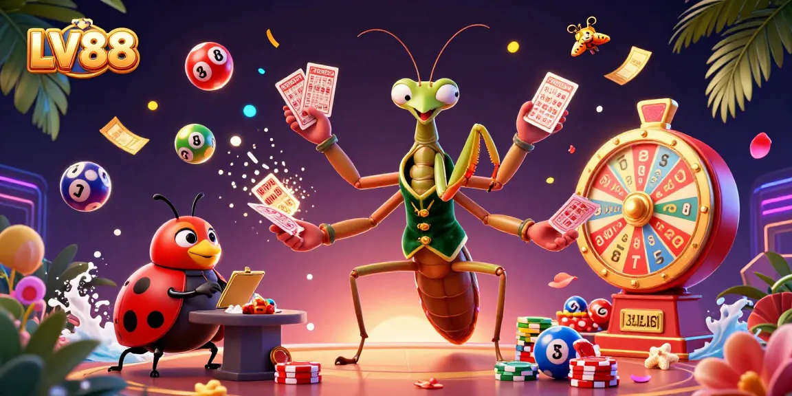 Experience exciting wins at LV88 with a lively illustration of vibrant casino action, games, and dynamic characters.