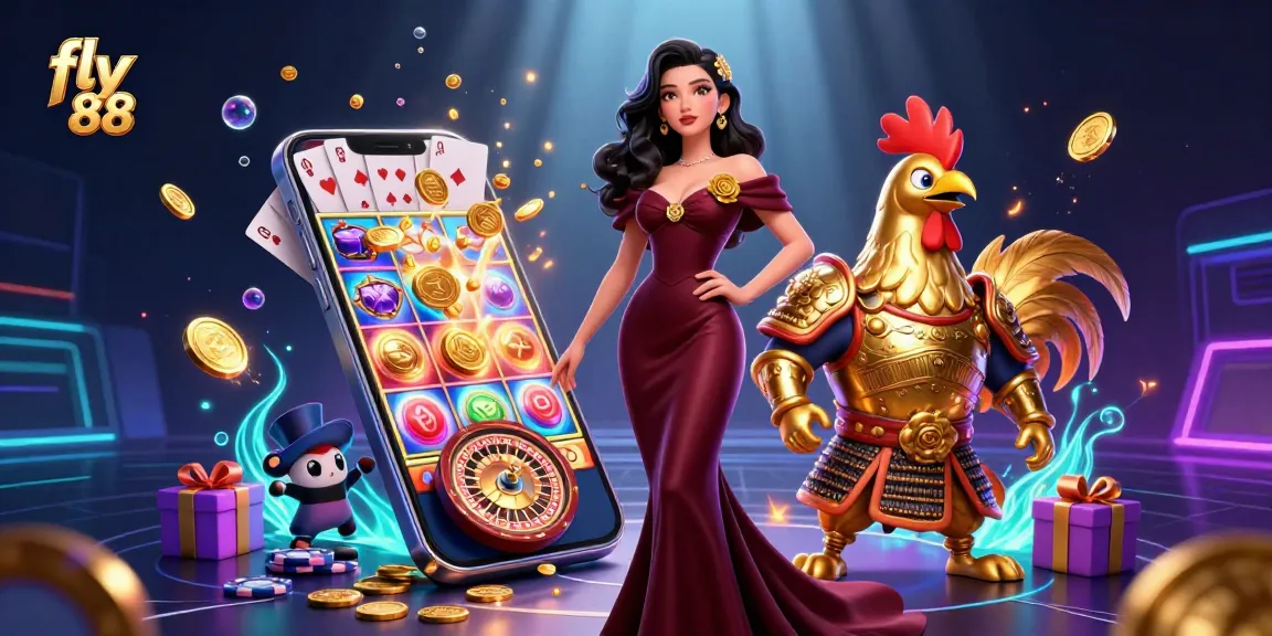 Engage with fly 88 through a vibrant 3D illustration of glamorous characters and exciting slot game elements.