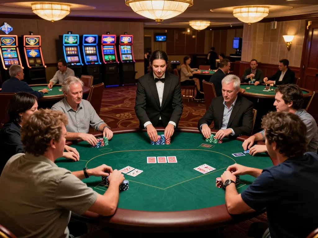 Players strategizing their bets at a 123b casino poker table in an upscale environment