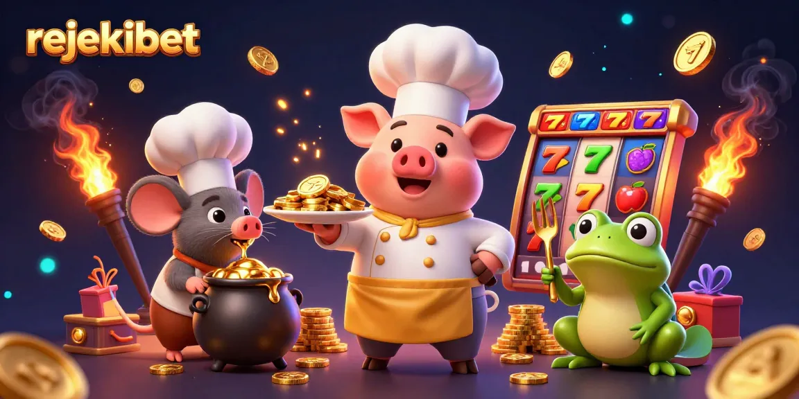 Winning at rejekibet with a chef pig serving gold coins in a vibrant casino scene