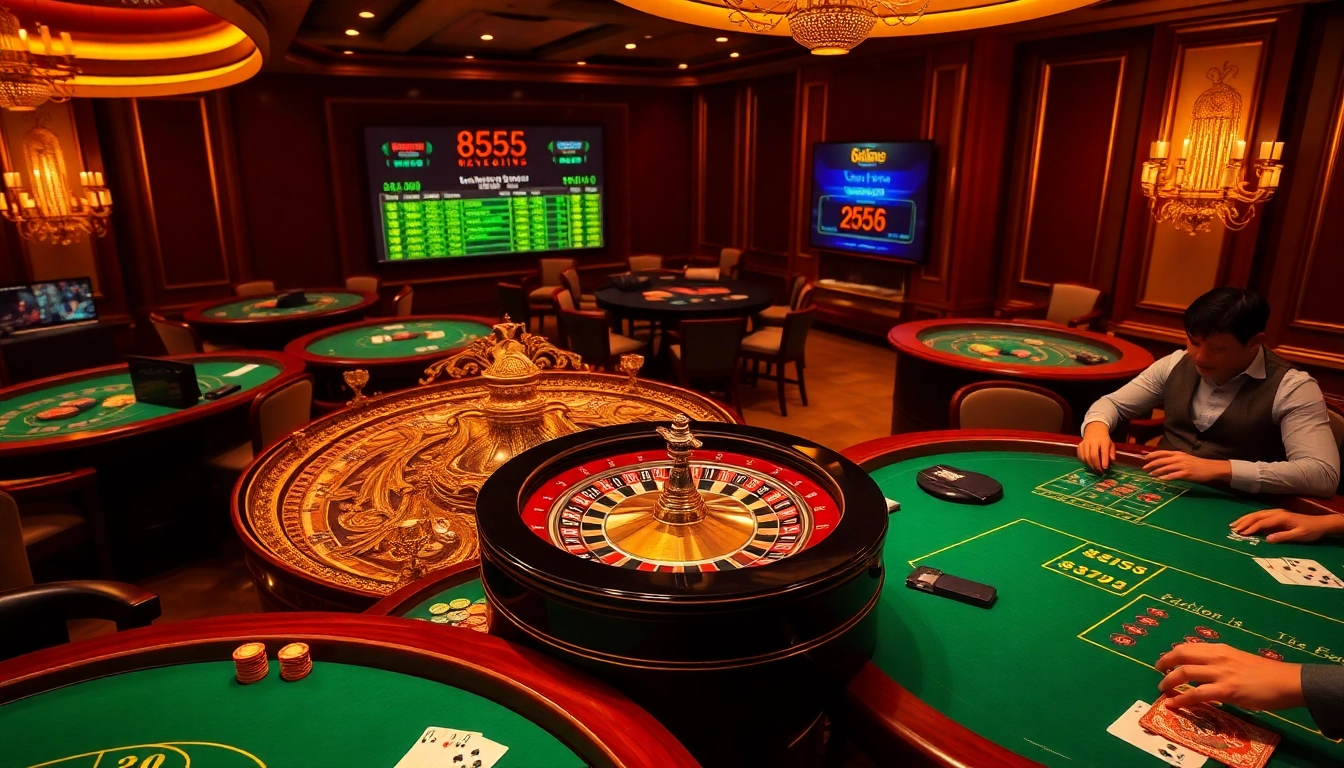The excitement of a high-stakes game at https://bl555.family/ featuring roulette, poker tables, and vibrant chips.