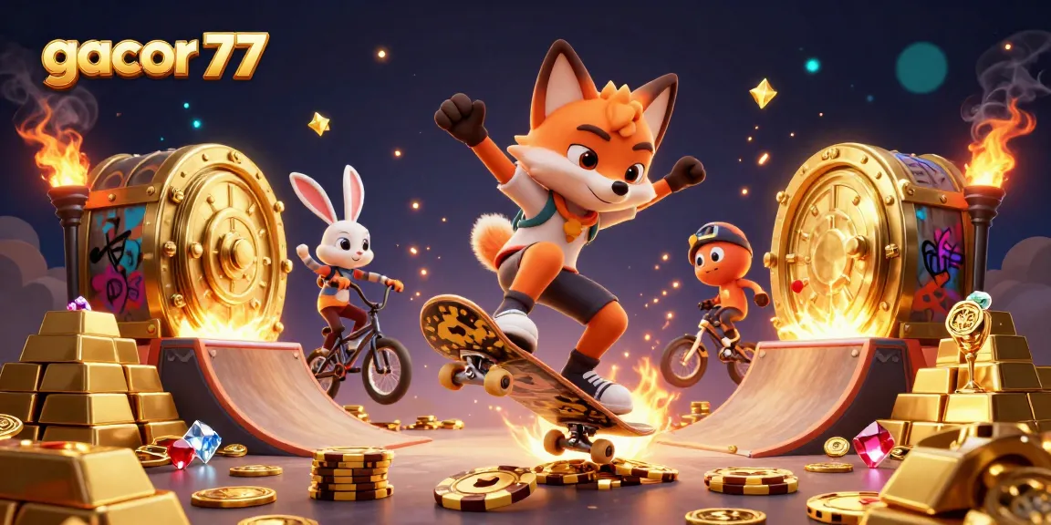 Gacor 77 menghadirkan aksi skateboarder fox dan kelinci BMX dalam gambaran kasino yang penuh harta.