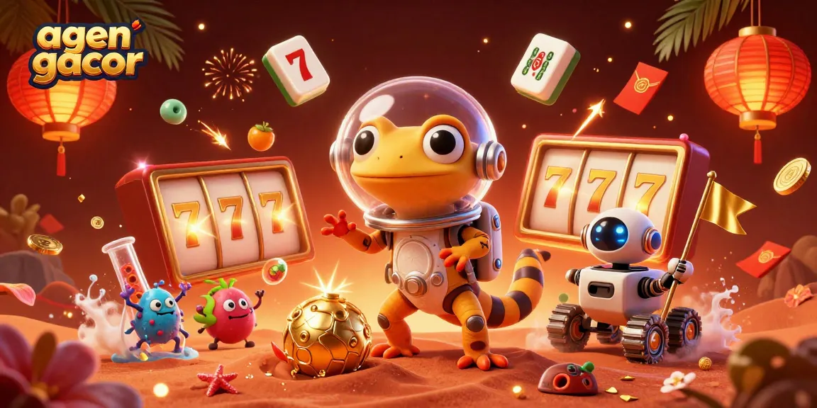 Engage with agen gacor slots as a Martian gecko discovers a golden casino in vibrant space.