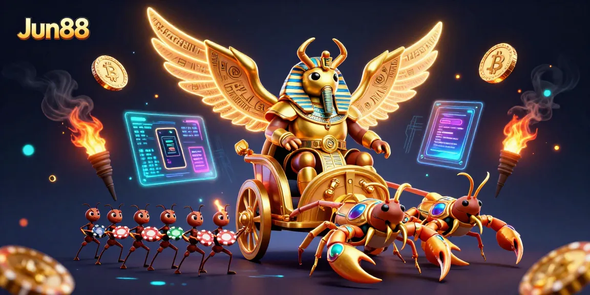 Experience thrilling gaming action at Jun88 with a vibrant 3D illustration of a casino adventure and crypto vibes.