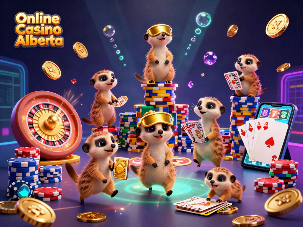 Experience thrilling gameplay at Online Casino Alberta with cartoon meerkats managing a vibrant casino scene.